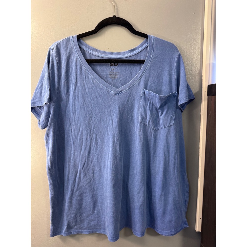 SO Women Blue V-Neck Pocket T-Shirt Short Sleeve Cotton Blend XXL‎